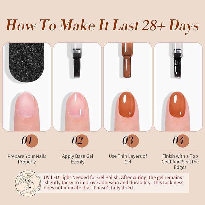 BORN PRETTY Jelly Gel Nail Polish Fall Winter Amber Crystal Brown Orange Burgundy Red Black Gel Polish Transparent Translucent Clear Nail Art Manicure DIY Home Salon 6PCS
