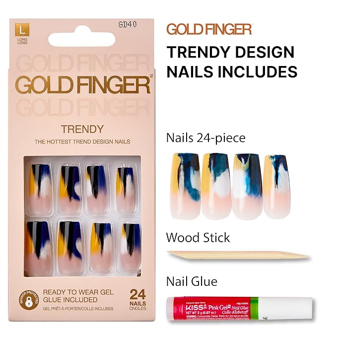 Goldfinger Trendy False Nails Kit, Long Square Design Nail, Bold Neutral Blue Overlay Effect Print, Ready to Wear Gel & Manicure Stick Included, Long-Lasting Convenient & Easy to Apply