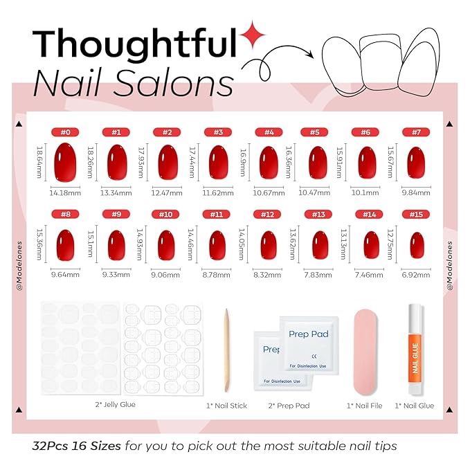 modelones Sheer Red Short Press on Nails, Semi-Transparent Oval Fake Nails Kit Press Ons with Nail Glue, Adhesive Tabs, Nail File, Prep Pad, Manicure Stick, 32Pcs 16 Sizes, Spring Women Girl Gift
