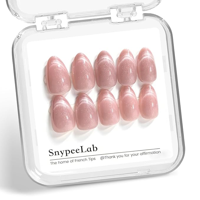Cat Eye Press on Nails Short Almond, with French Tip Effect, Glue on Nails for Women Gift, Salon Quality Wedding Nails, 32 Pcs (Nude Pink1)