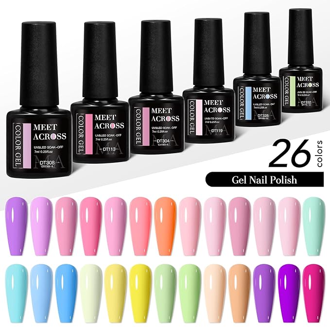 MEET ACROSS Nude Gel Nail Polish Set 26 Colors Gel Polish Pastel Green Sky Blue Lilac Purple Nail Polish DIY Manicure Gifts for Women 30Pcs*7ml