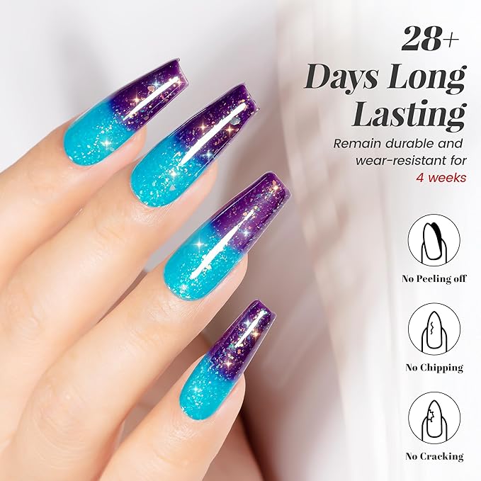 YTD Likomey Color Changing Gel Nail Polish,15ml Turquoise Blue to Deep Purple Brocade Glitter Mood Temperature Change Colors Fall Winter Thermal Ombre Sparkle UV Varnish,HEMA Free TPO Free,WB505
