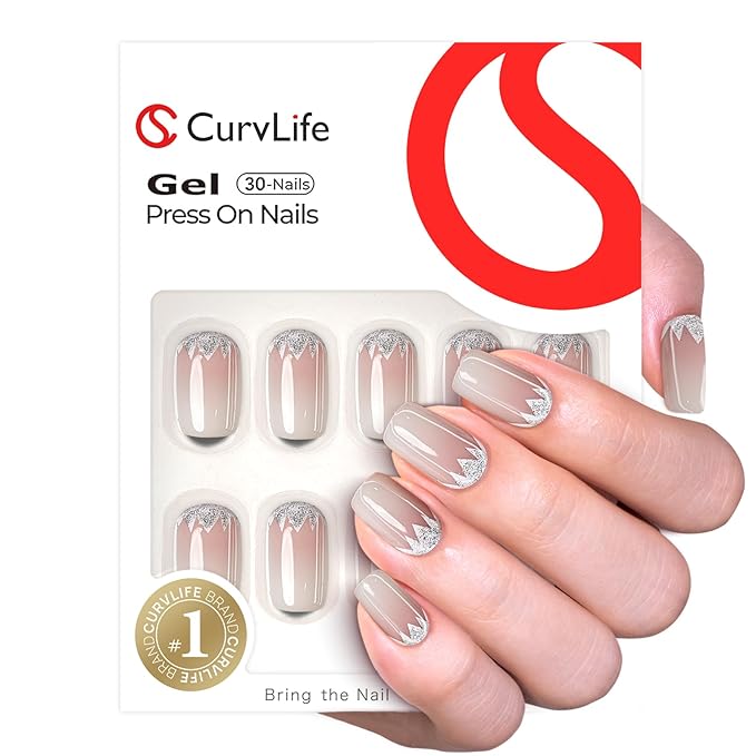 CurvLife Press On Nails Medium – 30Pcs Soft Gel Fake Nails, Nude Crystal Bloom Light Reusable Glue On Nail Kit with Adhesive Tabs, Natural Fit & Salon-Quality for Women & Girls