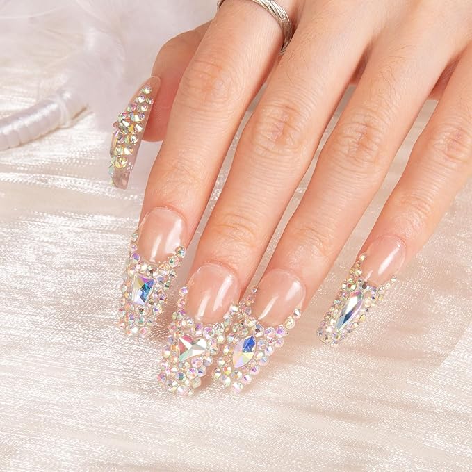 LOVFUL Press on Nails Angel's Tear Rhinestone | Handmade with Full Covered Crystals | Reusable Full Cover Nails | Coffin Classic Regular 1.3 in | H48-L