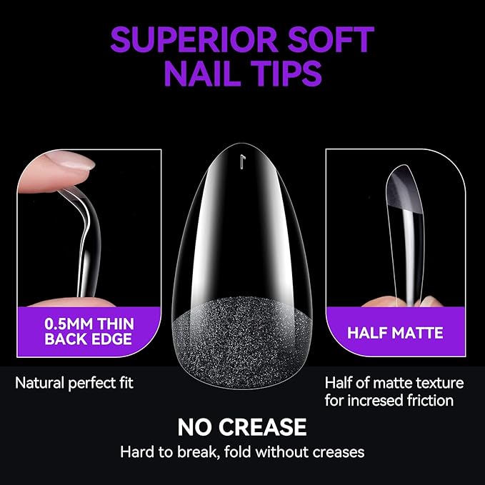 Gelike ec Short Almond Nail Tips: 240PCS Soft Gel Tips for Almond Shaped Full Cover Gel Nail Tips Pre Etched - PMMA Resin Clear False Nails 10 Sizes