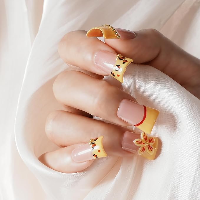 Handmade Press on Nails Short Duck Luxury 3D Leopard Print - Yellow French Tips with Hibiscus Flower Charms, Reusable Thick Acrylic Full Cover (Blush Yellow Leopard Bloom, M)