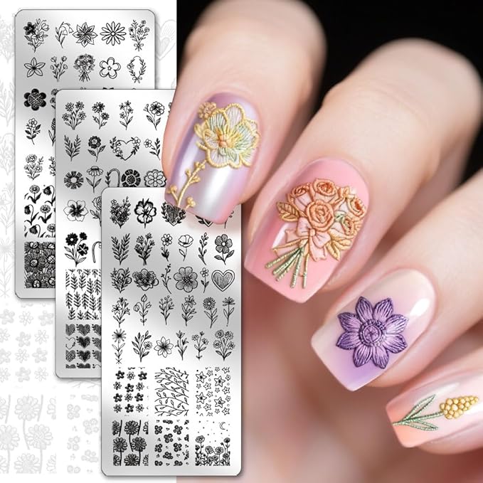 PH PandaHall 3pcs Embroidery Flower Nail Stamping Plates, Plant Floral Nail Art Templates Stainless Steel Image Plate Art Stencils with Tools for Women DIY Print Manicures Salon Design Supplies