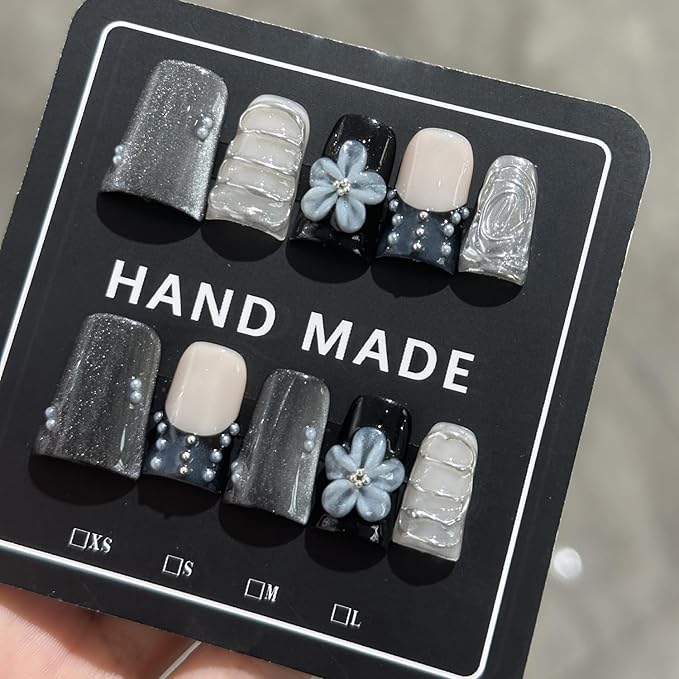 French Tip Press on Nails Handmade Short Duck 3D Flower Thick Acrylic Nails Black Sparkly False Nails with Pearls Silver Chrome Powder Designs Glossy Fake Nail Sturdy Art Press on Nail 10Pcs(S)