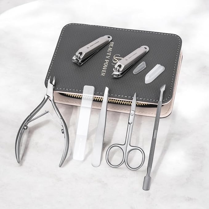 Manicure Pedicure Set 7-in-1 Stainless Steel, Ultra Sharp, Slanted Nail Clipper, Fingernail Clipper, Cuticle Nipper, Glass Nail File, Eyebrow Tweezers, Scissors, Case – Valentine's Gift