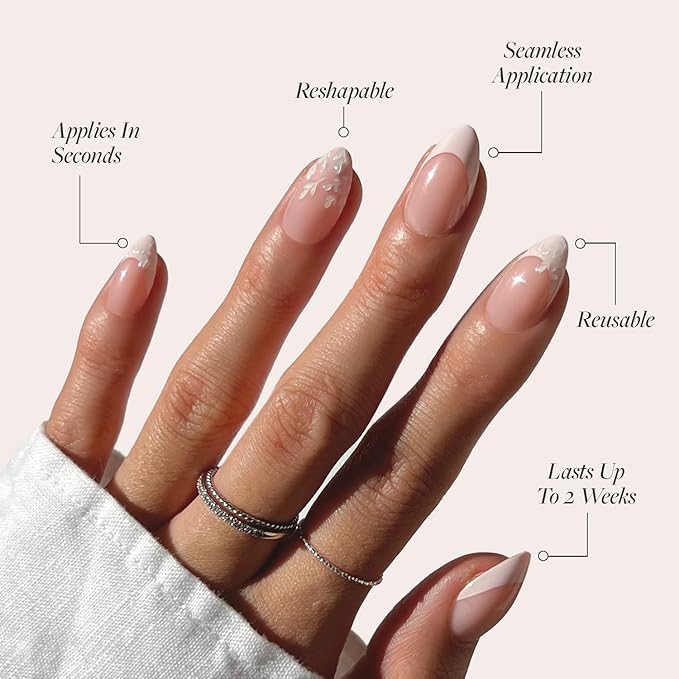 Valentines Day Glamnetic Press On Nails - All Time Love | Glossy, Semi-Transparent, Short Almond French Tip Nails with Leaf Accents, Salon Quality | 15 Sizes - 30 Nail Kit with Glue