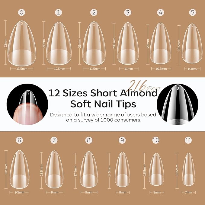 modelones Short Almond Nail Tips with 4 in 1 Nail Glue 15ml