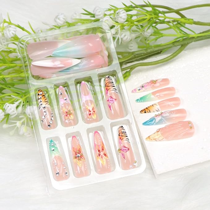 Flower Press on Nails Long Stiletto Fake Nails Press ons with Flower Rhinestone Leopard Print French Designs Acrylic Blue Pink French Glue on Nails for Women 24 Pcs