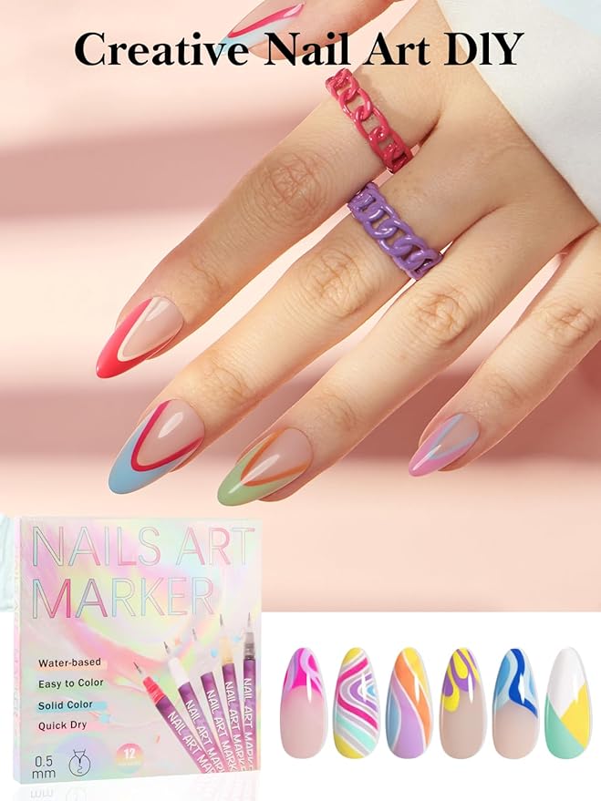 EBANKU 12 Colors Nail Art Pens Set, Nail Polish Pens for Nail Art Quick Drying 3D Acrylic Paint Markers for Painting Dotting Liner Pen Nail Salon DIY
