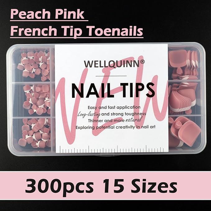French Tip Toe Nail Tips Press on Nails, Squoval Pre-Designed False Toenail Extension, Peach Pink Pre-applied Tip Press On Toenails Full Cover Acrylic Nails for DIY 15 Sizes 300 pcs