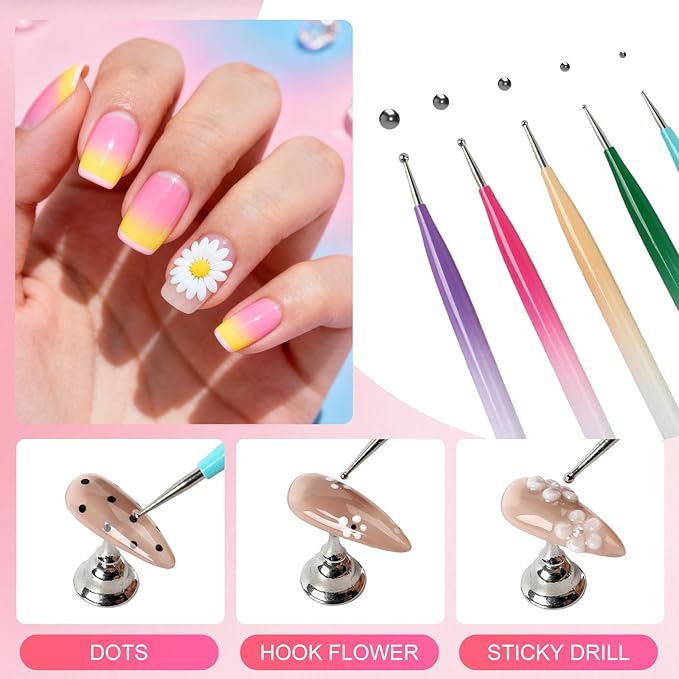 ANGNYA 5PCS Nail Dotting Tools Nail Art Sculpture Pen with Nail Holder and Palette, Double Ended Nail Design Kit Silicone Pen for Carving Drawing Effect Shaping Drawing Nail Tools for Home Salon