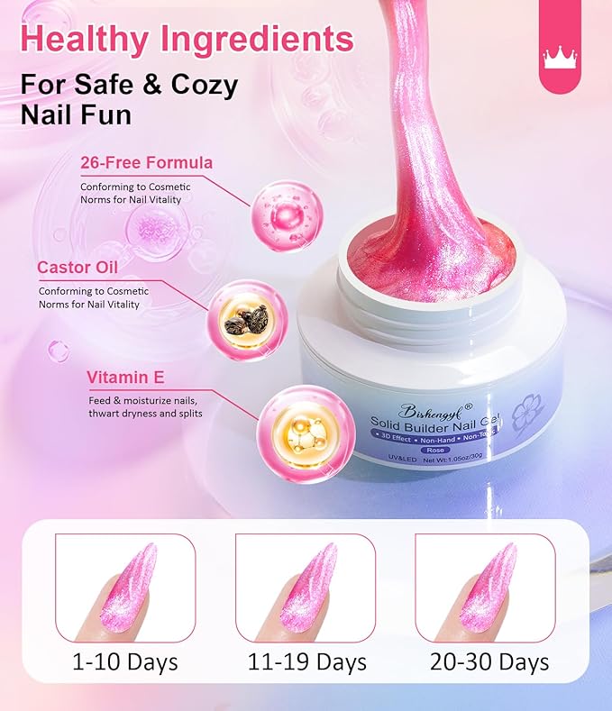 Solid Builder Gel For Nails BISHENGY - Non-Sticky Hand 3D Gel Nail Art Easy Shape Clear Pink Aurora Glitter 3D Sculpting for Extensions & Carving Molding Sculpture with Silicone Mold Home DIY