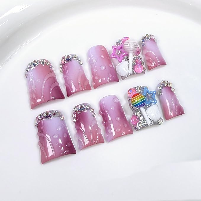 10 Pcs Handmade Acrylic Press on Nails Short Duck Fake Nails with Design 3D Rhinestone Curve Charms Glue on False Nails Artificial Full Cover Handmade Nails for Women - Size M