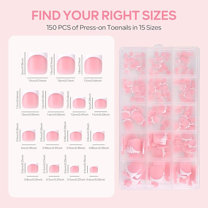 Toe Nail Press On with 2 Nail Glue, 150pcs Square French 15 Sizes Thick Soft False Toenail Extension, Light Pink Full Cover Acrylic for Women Nail Art DIY