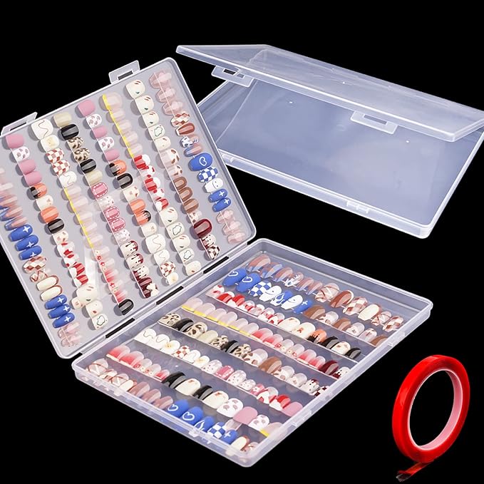 2PCS Press on Nail Organizer, Clear Press on Nail Storage Box Acrylic Nail Art Display Packaging Box Fake Nail Storage Case with Transparent Tape (Not Inlcuded Press on Nail) (8.9x6.5x0.7inch)
