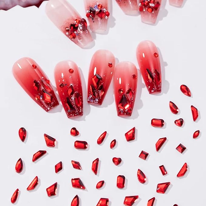 Red Nail Rhinestones Kit, 18 Types of 900 Special-Shaped Nail Diamonds + 3200 Flat-Bottomed Nail Rhinestones, 3D Nail Crystal Rhinestones for Nail Art DIY Decorations