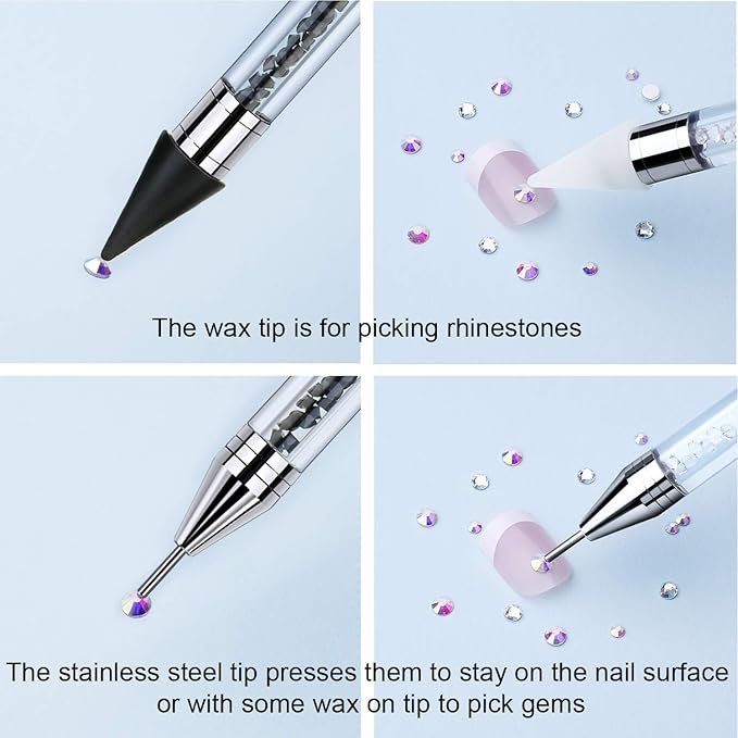 2 Pieces Rhinestone Picker Dotting Pen, Dual-ended Rhinestone Gems Crystals Studs Picker Wax Pencil Pen Crystal Beads Handle Manicure Nail Art DIY Decoration Tool (Black White)