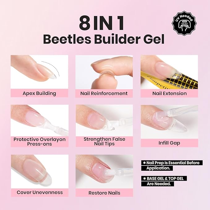 Beetles HEMA-Free 15ml Gel Top Coat and Builder Gel for Nails with Nail Brush, Low Heat Hypoallergenic Clear 8 in 1 Builder High Shine Long Lasting No Wipe Top Coat Nail Polish