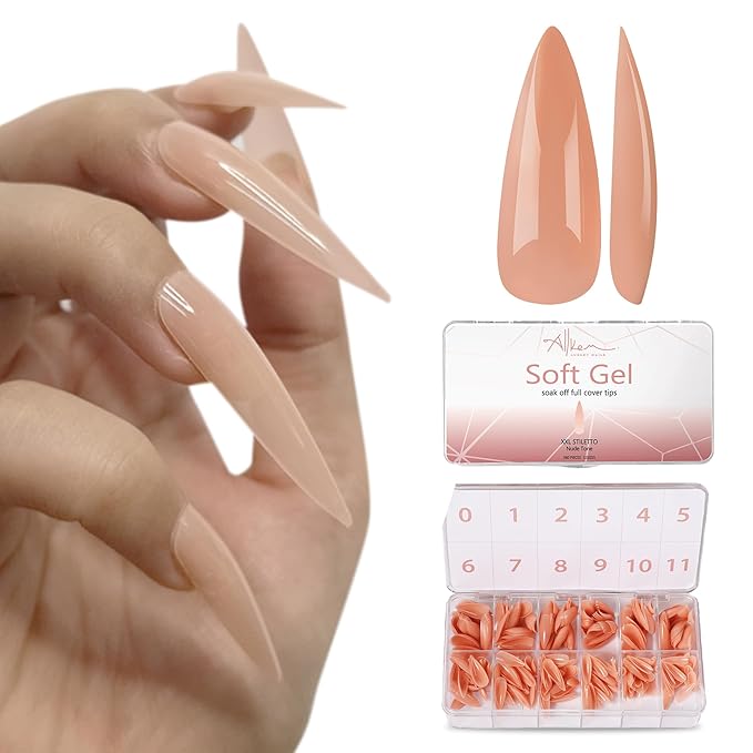 Allkem Soft Gel Nail Tips - 360 pcs XXL Stiletto Nail Extensions Kit - 12 Sizes Extra Extra Long Full Cover Nails - Nude (360 Pieces)