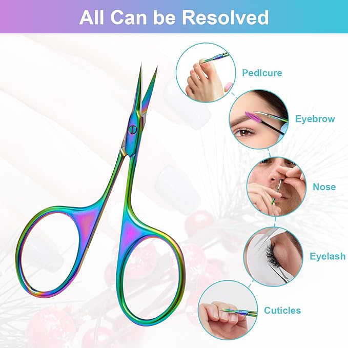 CGBE Manicure Scissors, Extra Fine Eyebrow Scissors for Grooming, Curved Blade Nail Scissors Precise Pointed Tip Grooming Kit for Eyebrow, Eyelash, Trim Nail and Dry Skin, Colorful