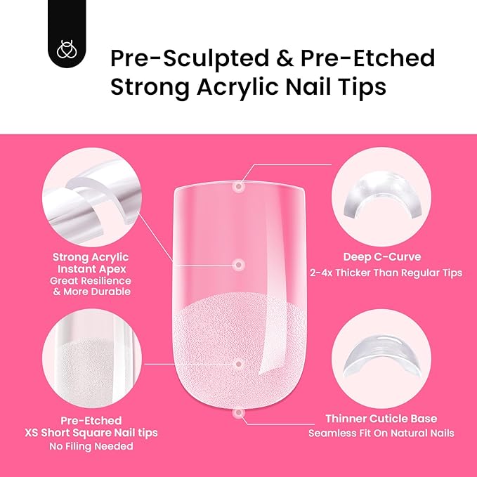 Beetles Tipex Gel Nail Kit Extra Short Square: 16 Sizes Instant Apex Nail Tips, 224 Pcs Pre-Building False Nail Tips with Tipex Nail Glue, Mini Nail Lamp-Thick Acrylic Nail Set