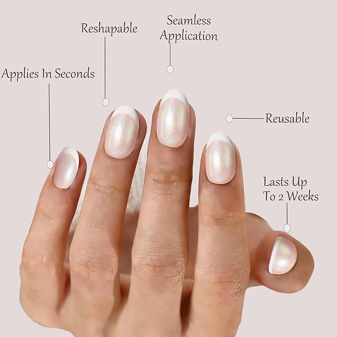 French Tip Press On Nails， Chrome Pearl White Short Reusable Stick On Nails in 12 Sizes - 24 Soft Gel Fake Nail Kit for Women