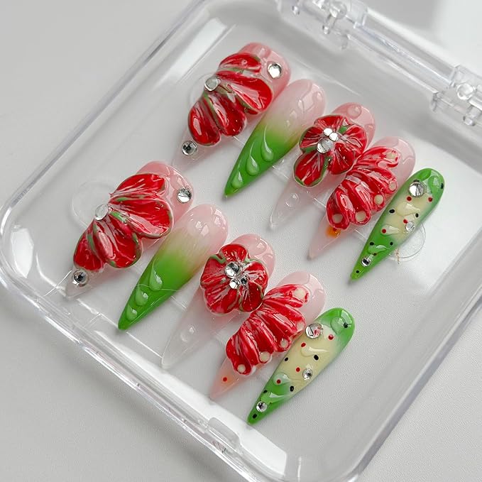 Luxury Press on Nails Long Stiletto Handmade 3D Unique Reusable ABS Material Fake Nails False Nails with Designs Red Floral Rhinestones Glossy Glue on Nail Thick Acrylic Nail(M)