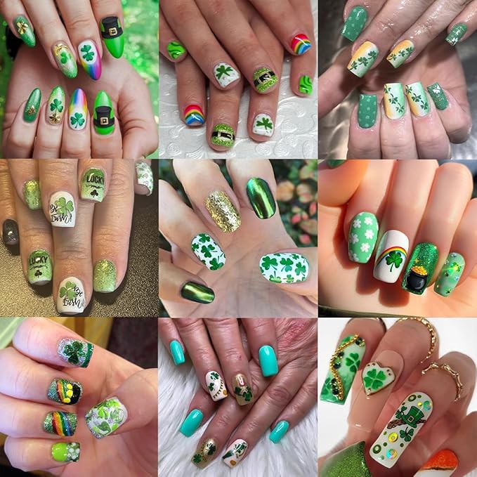 8Sheets St. Patrick's Day Nail Art Stickers Decals 3D Self Adhesive Spring Nail Decals Green Shamrock Nail Stickers Lucky Rainbow Clover Gnome Design Cute Nail Decoration Supplies for Women DIY