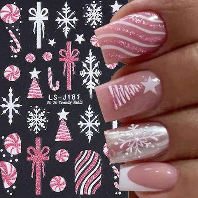 7 Sheets Christmas Nail Stickers Xmas Nail Design Decals - Snowflake,Bows,Candy Cane,Santa Tree Stickers with Pink,Red,Gold,Silver Glitter,Christmas DIY French Manicure Decor for Women Girls