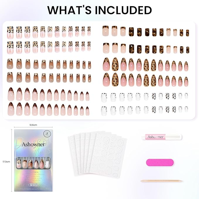 6 Packs (144 Pcs) | Reusable Press on Nails | Stick on Nails 12 Sizes-6 Styles | Leopard print style