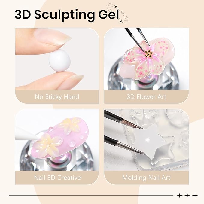 3D Nail Gel Sculpting Gels for Nail Art, Clear&White Hard Solid Builder Gel Non-Sticky Extension for Carving Molding with Silicone Mold Silicone Pen Designs DIY Manicure at Home