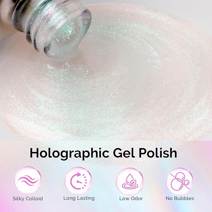 MelodySusie Jelly White Aurora Shimmer Gel Nail Polish, 0.5fl oz Soak Off UV LED Holographic Green Glitter Gel Polish Gift for Women Nail Art Manicure Salon DIY Nail Design Decoration at Home-G2302