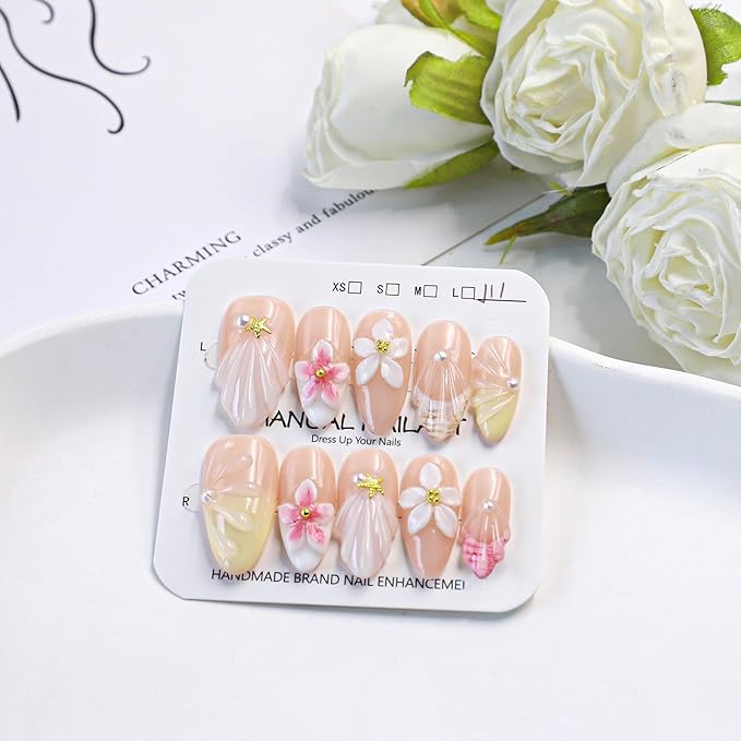 Handmade Flower Press on Nails French Tip Almond Medium False Nails with 3D White Flower & Water Ripple Art Designs Muti-Layer Gel Thick Artificial Acrylic Nails for Women (Size M)