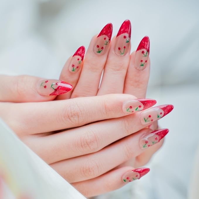 Sun&Beam Nails Handmade Press-on Medium Long Amlond Red Nude Beige French Cherry Sweet Design Fashion False Nail Tips 10 Pcs Set (#217 M)