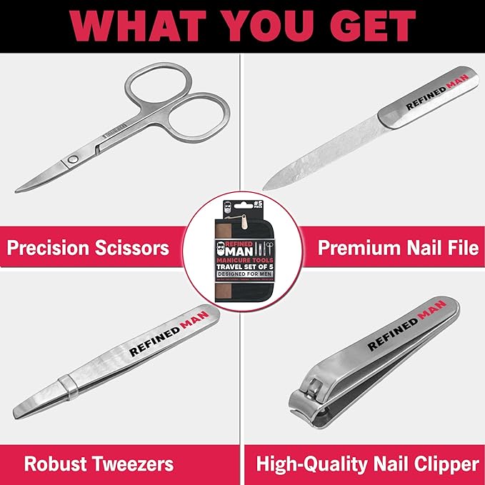 BLKSMITH Refined Man Manicure and Pedicure Kit Set of 5 - Manicure Kit for Men - Nail Clipper Kit with Nail File, Clippers, Scissors, Tweezer & Travel Case - Designed for Men (Black)