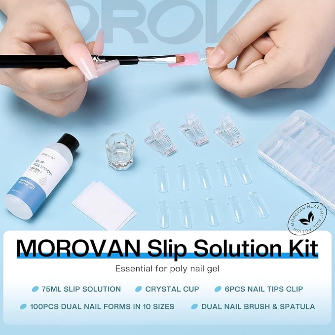 Morovan Nail Slip Solution Kit: 2.5 OZ Anti‑Stick Gel Liquid for PolyGel Nails with Dual‑Ended Brush & Nail Forms Ideal Easy Spread for Beginners