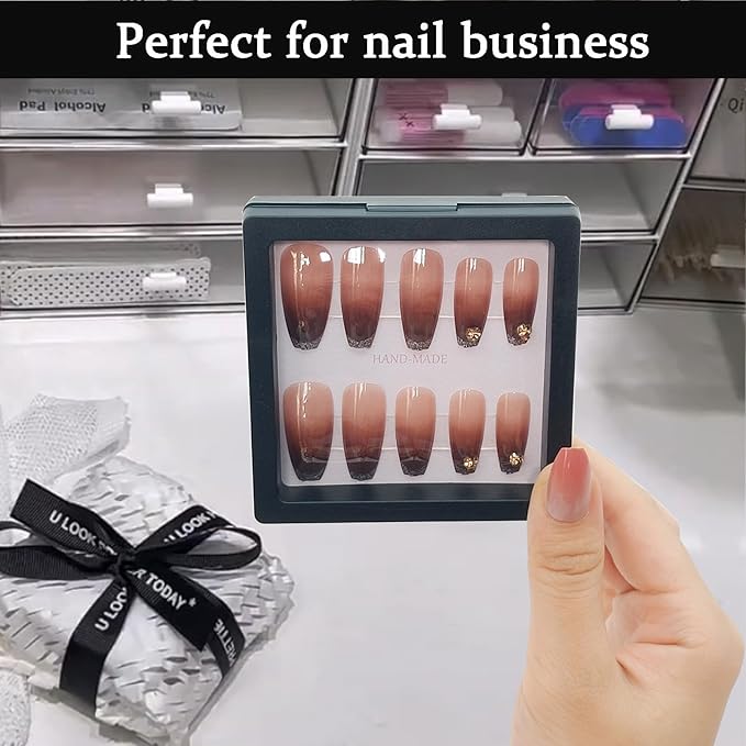 Press On Nail Packaging Boxes 3D Floating Press On Nail Storage Box Nail Display Box with 60pcs Double Sided Adhesive Nail Display Tape for Nail Tech (Black, 3.5 inch)