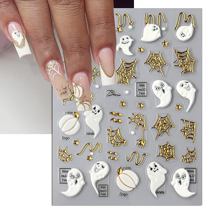 Halloween Nail Art Stickers, Bones Skeleton Nail Decals, 3D Spooky Self-Adhesive Spider-Web Bat Design for DIY Nail Supplies Decoration (4 Sheets)