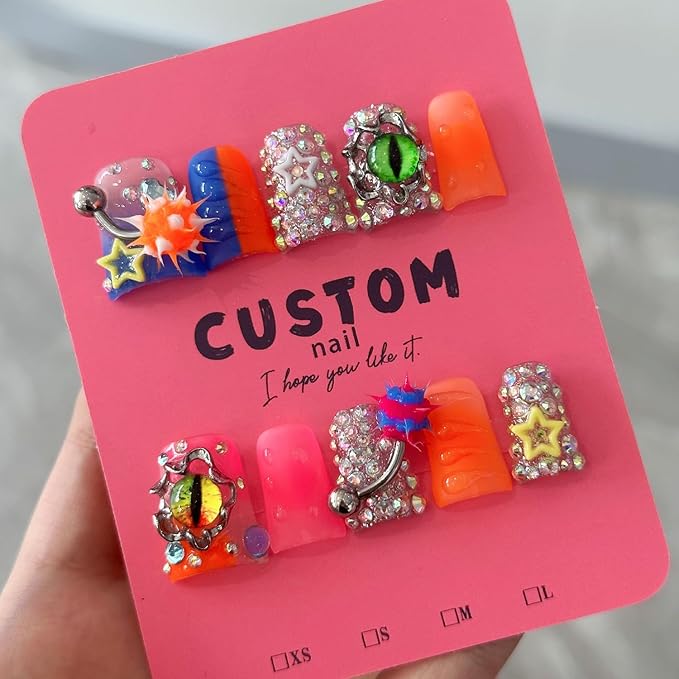 Handmade Press on Nails Short Duck Fake Nails Orange False Nails with Glue,Muti-Layer Gel Thick Press ons Nail Luxury Rhinestone Design Reusable Acrylic Nails for Women(Size S)