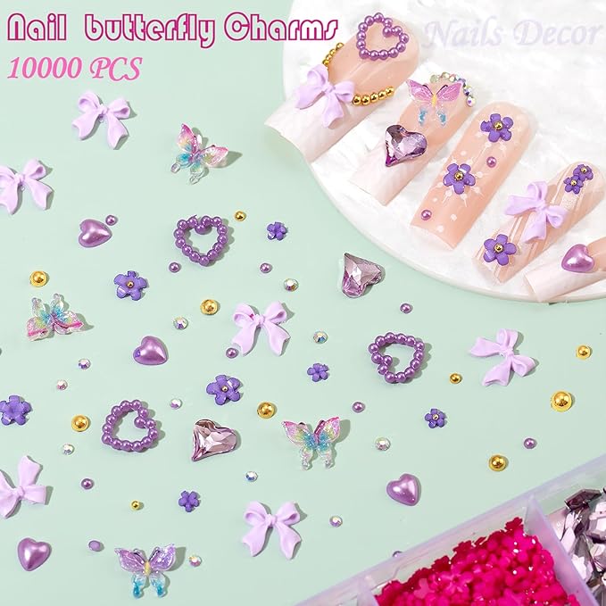 10000pcs Nail Charms and Gems:Pink Cute Bow Heart 3D Flower Charms for Junk Cases kit;Gold Chunky Butterfly Charms for Nails Design,nail jewels Diamond Rhinestones for Nails;Beads Pearls for Nails Art