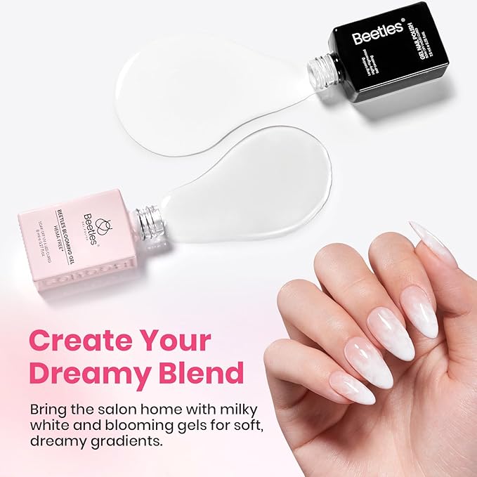 Beetles Blooming Gel, White Gel Nail Polish, Nail Art Brushes Set - Ombre Nails Brush Gradient Clean Up Fingernail Art Pens and Silicone Dotting Tool for Marble Blush Chrome DIY Manicure Designs