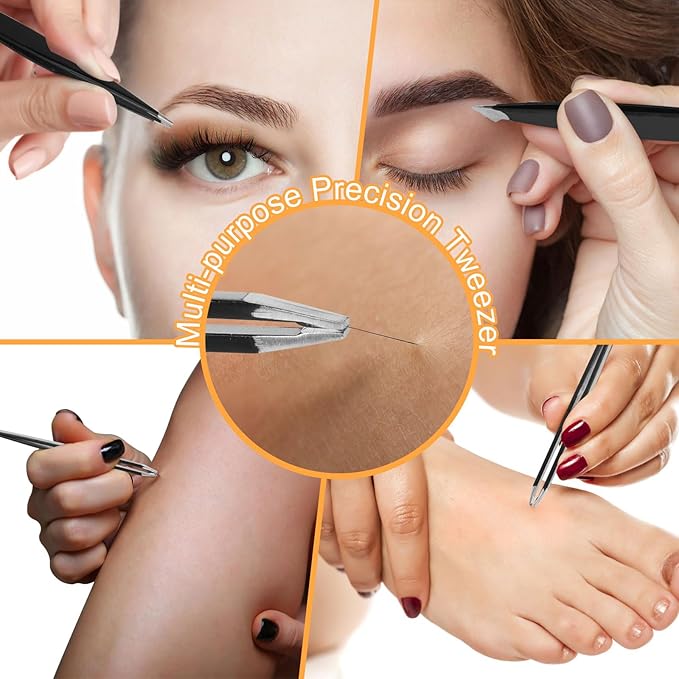 Yougai Tweezers Set, 9 Pcs Professional Stainless Steel Tweezers Kit for Women Facial Hair, Precision Eyebrow Tweezer Kit with Curved Scissors and Eyebrow Razor for Ingrown Hair Removal