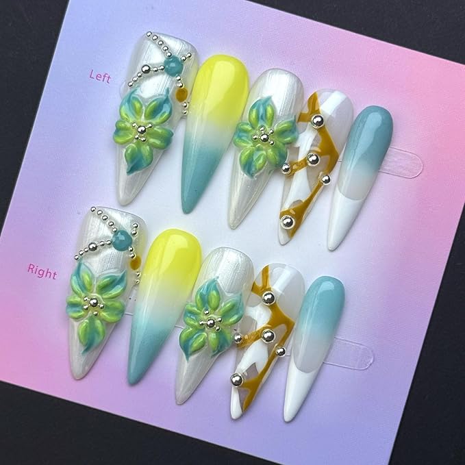 100% 5D Handmade Press on Nails Ombre Green Long Stiletto Fake Nails with Flower Design Rhinestone Glue on Nails Reusable Blue Gradient Handmade Nails for Women Girls Manicure 10pcs Size L