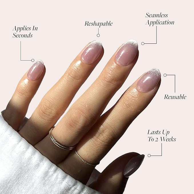 Glamnetic Press On Nails - Fairy Dust Fake Nails | Short Oval Beige-Pink Nails with a Mesmerizing Metallic Finish, Salon Quality | 15 Sizes - 30 Nail Kit with Glue