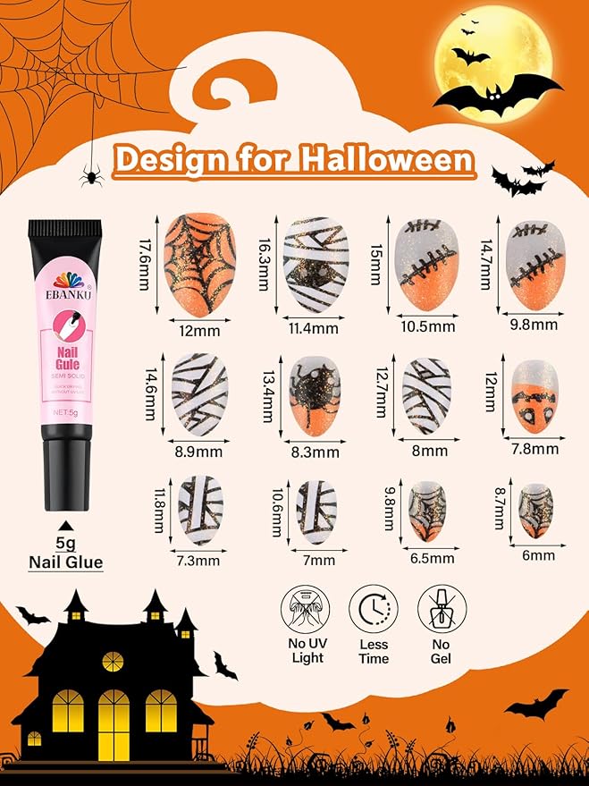EBANKU Halloween Kid Press on Nails, 24Pcs Sparkle Almond Fake Nails Kit Full Cover Orange Web Cute Design Acrylic Nails with Nail Glue for Girl