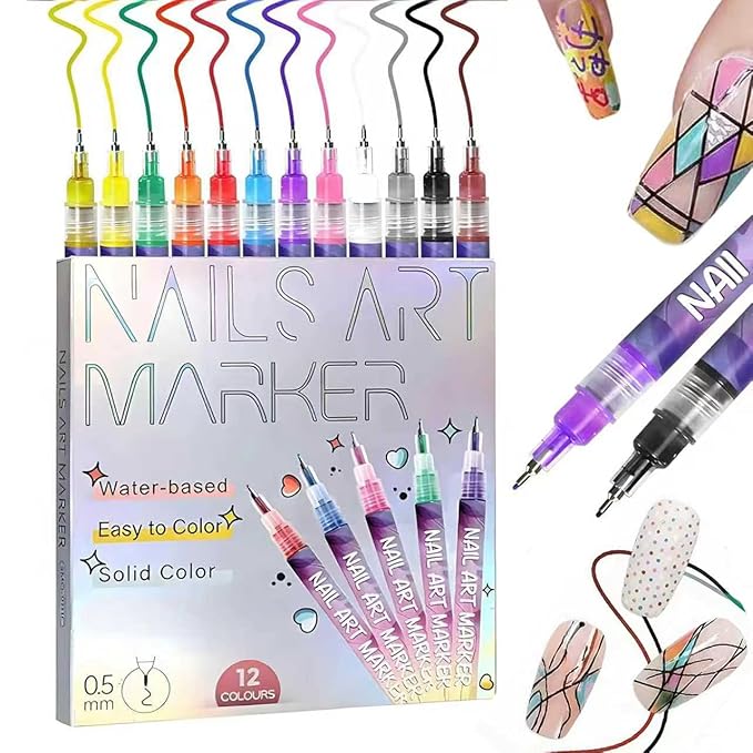 2026 New 12 Colors Nail Art Pens Set, 0.5mm Fine Tip Polish Markers for Drawing - Quick Dry Waterproof DIY Nail Art Kit for Beginners, Gel & Acrylic Nails, Home Salon Manicure Tools (1 Set)